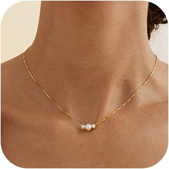 Jewelry - Gold Pearl Necklaces for Women Trendy, 14K Gold Plated Dainty Necklace Simple La